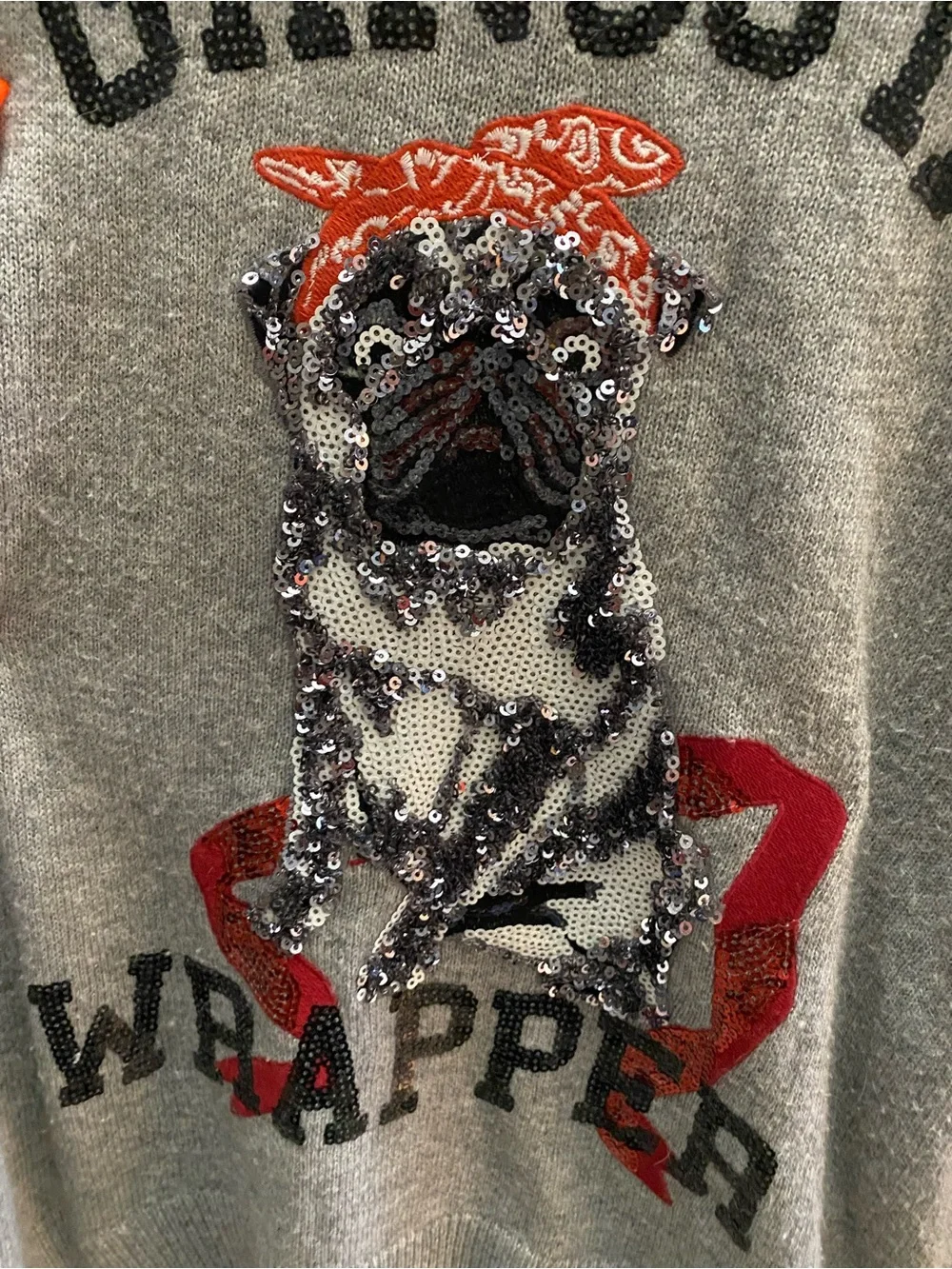 H&M Gray 'Gangsta Wrapper' Embellished Pug Sweater with Red Accent - Picture 8 of 8